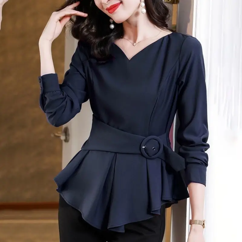 Fashion Drawstring Slim Waist Blouse Spring Autumn Commute Long Sleeve Women's Irregular Hem Elegant V-Neck Solid Color Shirt