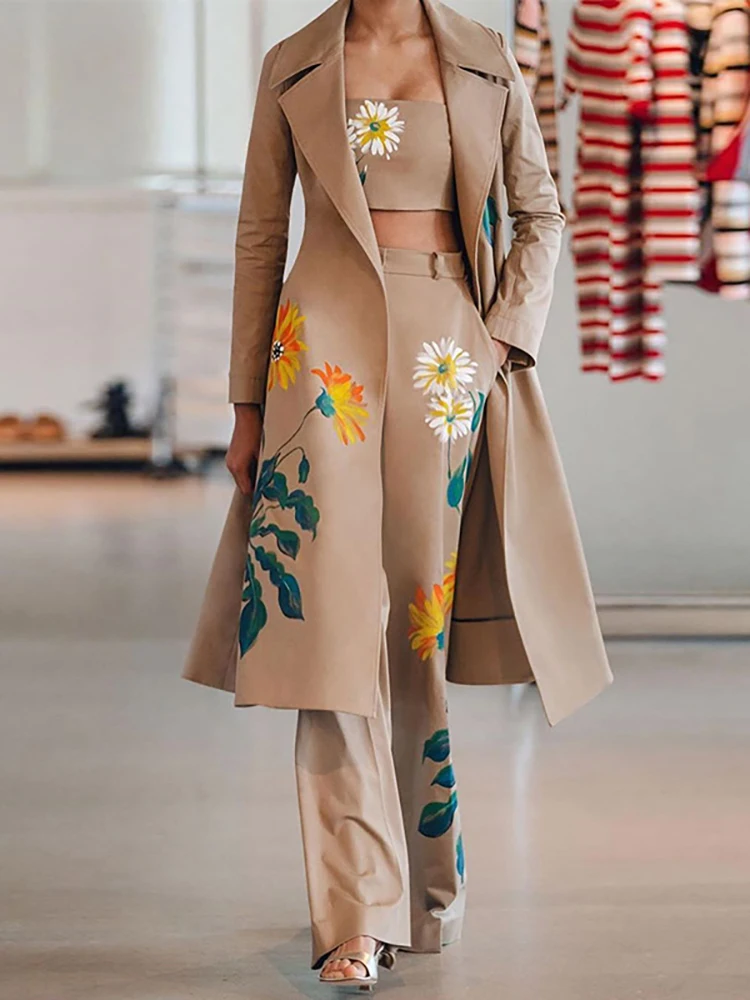 

Vintage Printing Women Pockets Pants Outfits Spring Autumn Streetwear Three Pieces Set Elegant Office Lady Slim Matching Sets
