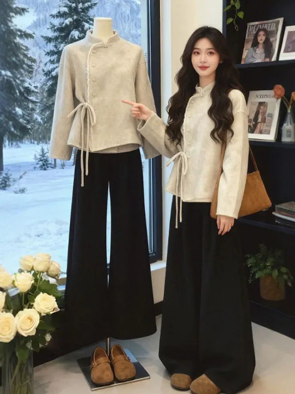 

Korean Sle ort Coat And Casual Pants Set Gentle Wind Two-Piece Suit Spring Autumn Comfortable Cotton Button up Cardigan