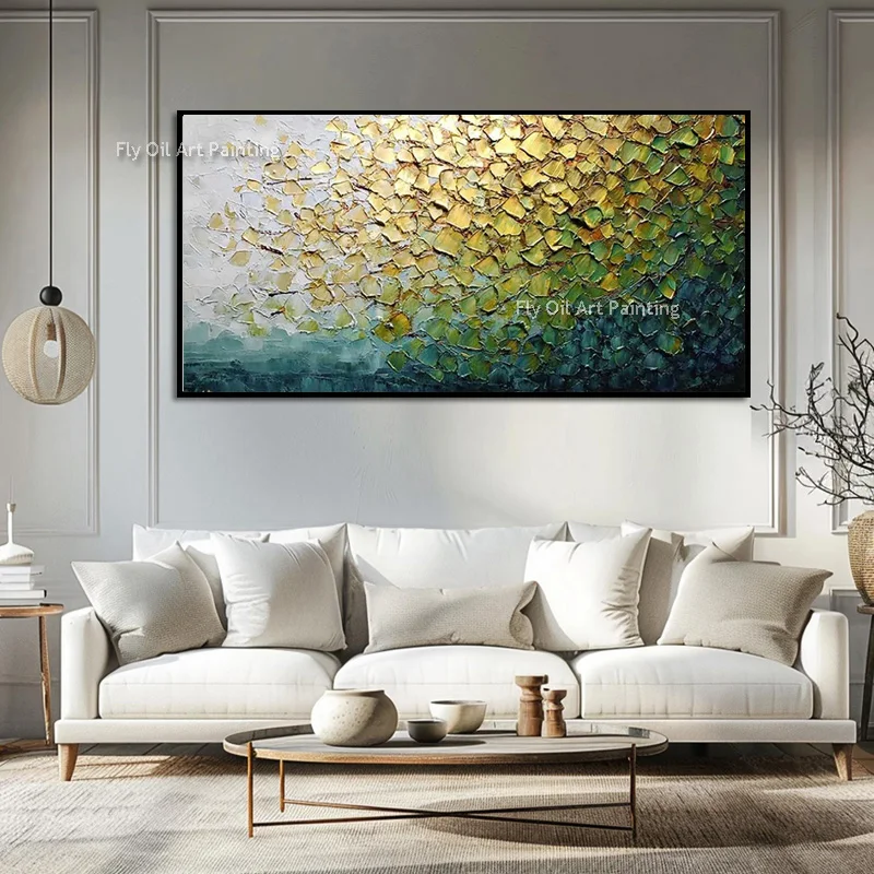 100% Handmade Abstract Forest Oil Painting Heavy Textured Green Gold Foliage Canvas Art New Horizontal Wall Decor For Office