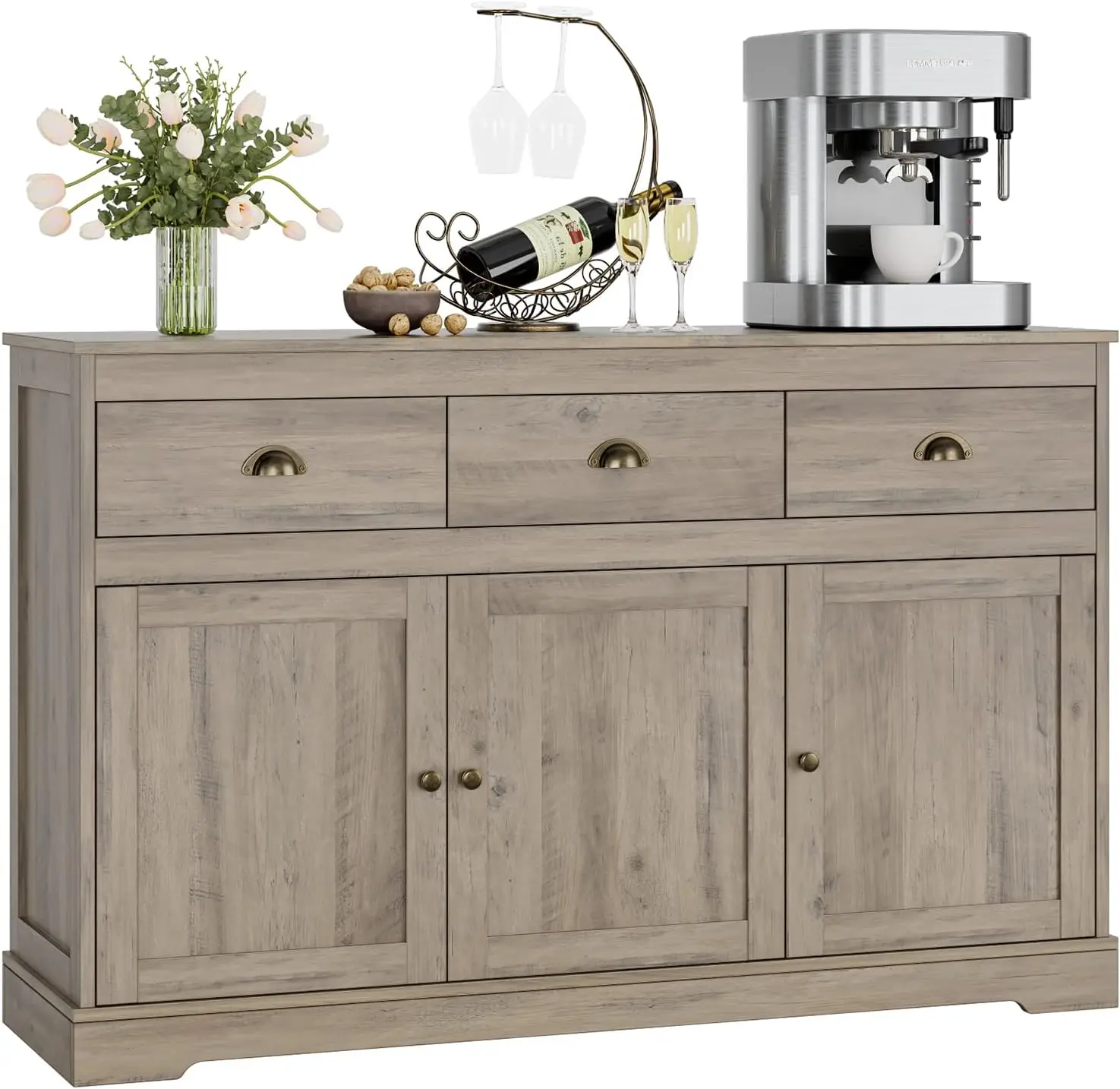 

Buffet Storage Cabinet, Sideboard Farmhouse Server Bar Wine Cabinet with 3 Drawers & 3 Doors Adjustable Shelves Console