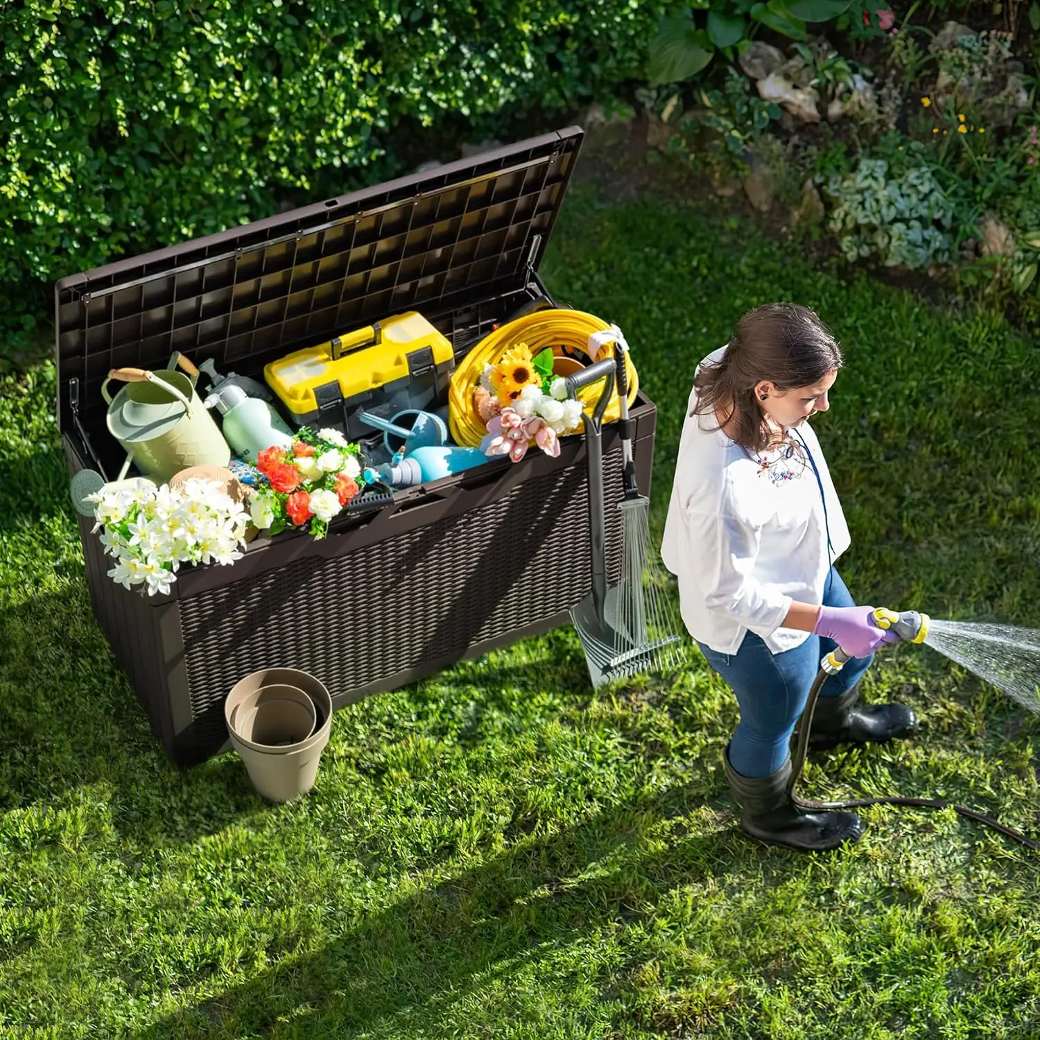 Banc de rangement verrouillable intérieur extérieur, boîte de pont en résine étanche avec air, 100 gallons, le plus récent