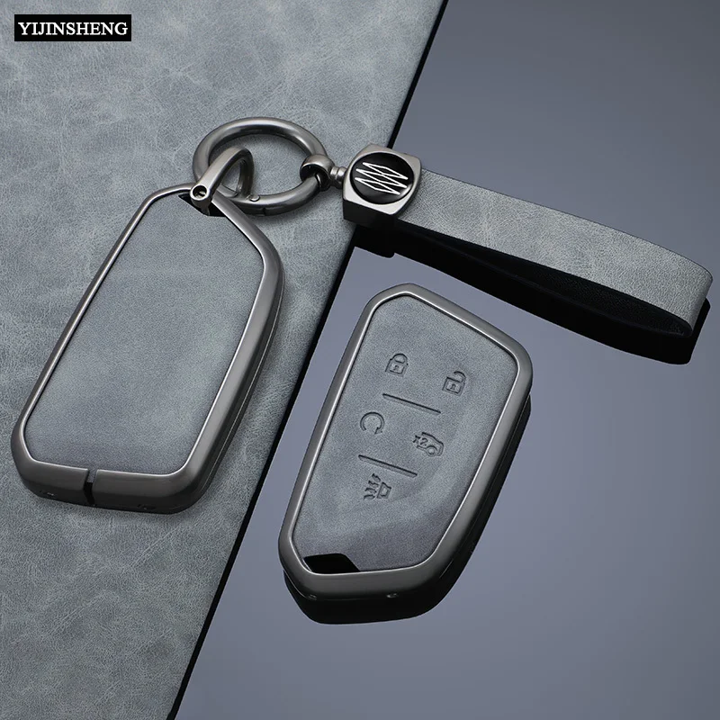 5 Buttons Zinc Alloy + Leather Car Key Case Cover Fob Holder Shell For Cadillac CT4 CT5 CT4-V C8 Corvette 2020 2021 Escalade