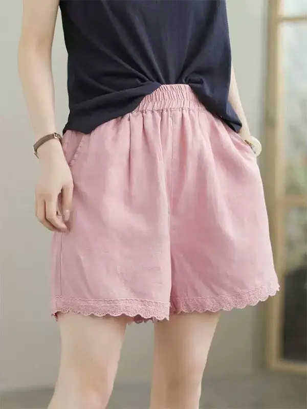 Cotton Linen Casual Pants Women's Elastic Waist Wide Leg Shorts Pure Color Five-Point Pants Summer Breathable Comfortable