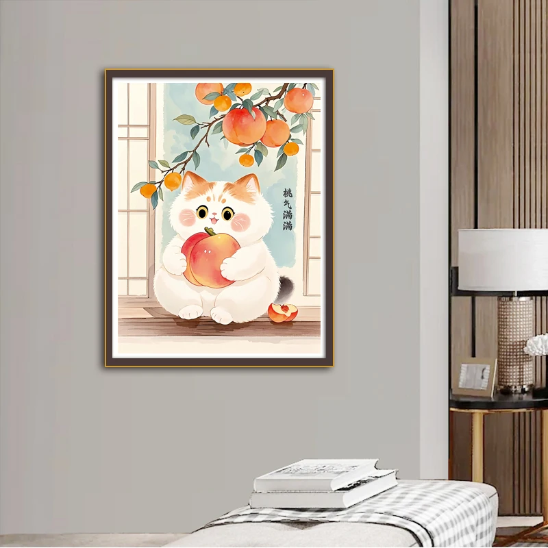 Ein weißes Katzen-Kreuzstich-Set für Fensterbänke, DIY-bedruckte Stickerei, niedliche Szene mit einem Kätzchen, das eine Pfirsich hält, handgefertigtes Materialpaket, zur Heimdekoration und als