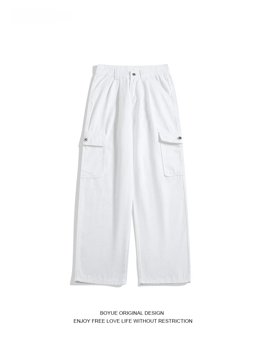 Boyue American High Street Workwear Jeans Men's Wide Leg Long Pants Multi ket Simple Silhouette Faionable Youth Casual