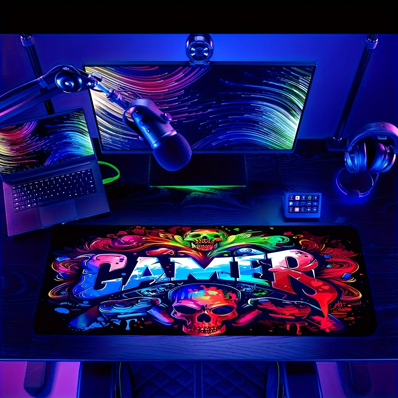 Cool Skull Art Neon Design Gaming Mouse Pad Non Slip Rubber Base for Gamers Office Home Multiple Sizes Available