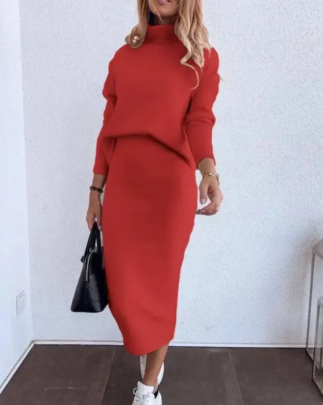Casual Two Piece Sets Women Outfit Autumn Winter Long Sleeve Mock Neck Sweatshirt & Fashion New High Waist Skirt Set