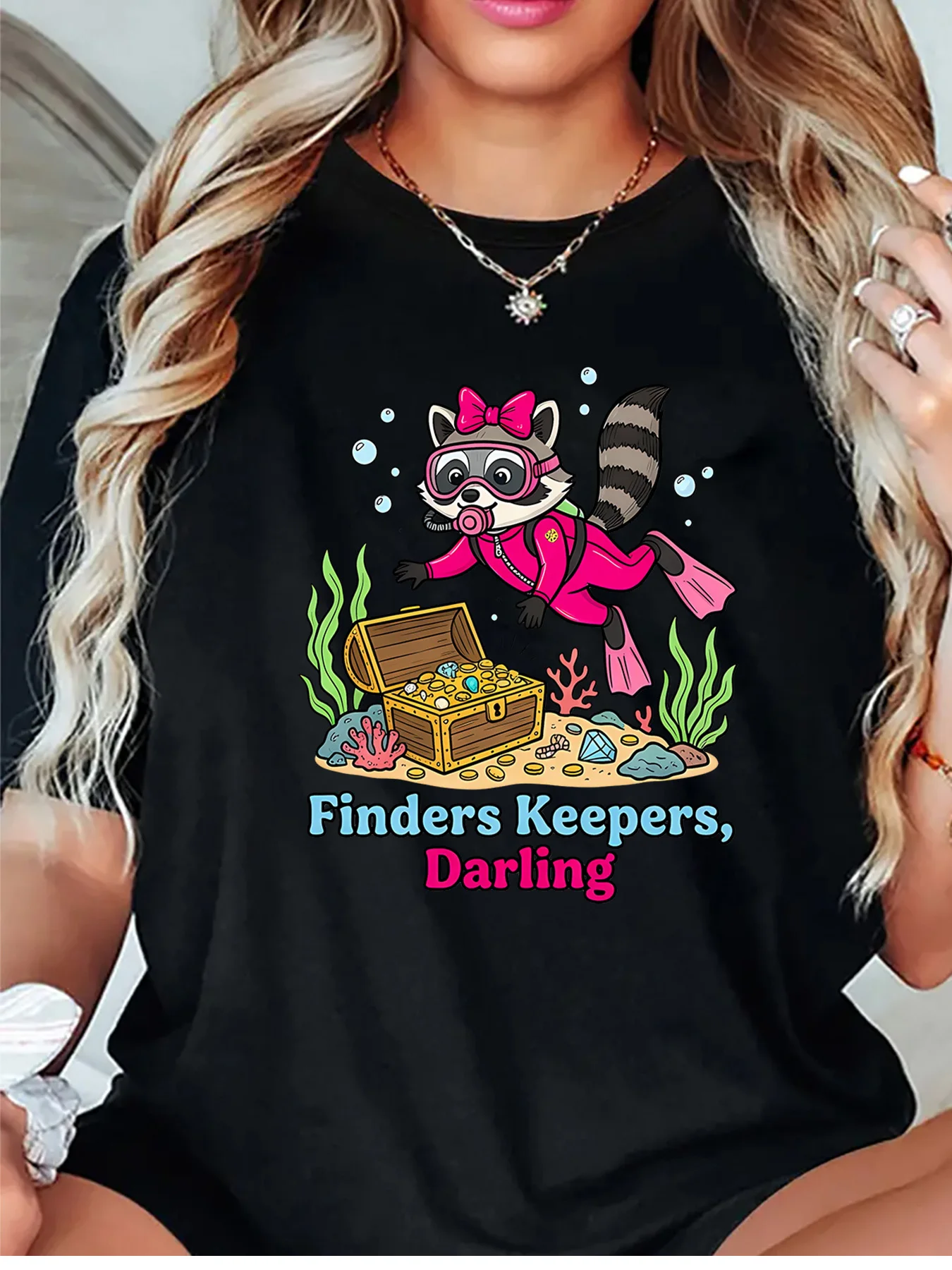 Finders Keepers Darling Diving Raccoon Treasure Ocean Graphic Womens T Shirt Short Sleeve Crew Neck Casual Ladies Tee Tops
