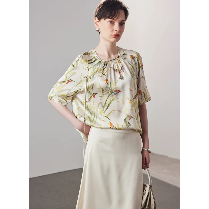 16mm Mulberry Silk Short-sleeved T-shirt Women 2025 Chinese-style Printed National Style Loose Breathable Elastic Satin T-shirt