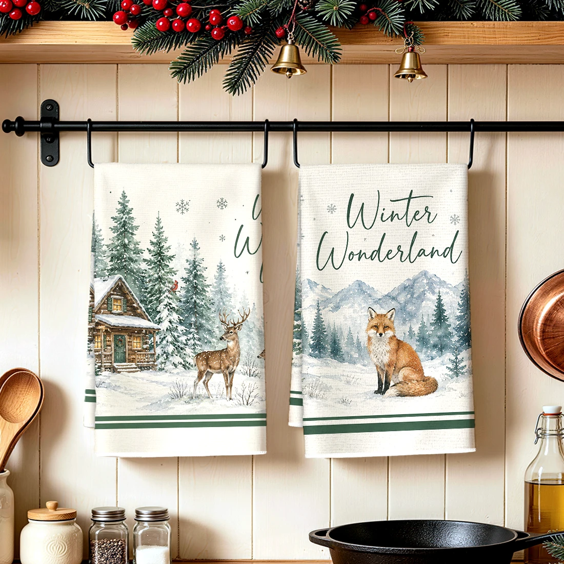 2pcs Set Kitchen Towels Winter Forest Snow SceneHand Towels Christmas Decorations For Home Noel Dish Towels Gifts