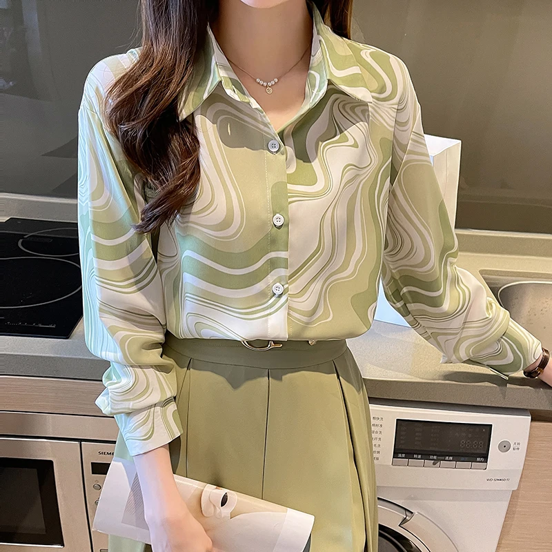 Women Thin Korean Loose Striped Chiffon Turn-down Collar Long Sleeve Shirts Women Clothes Casual Office Lady Appear Thin Tops