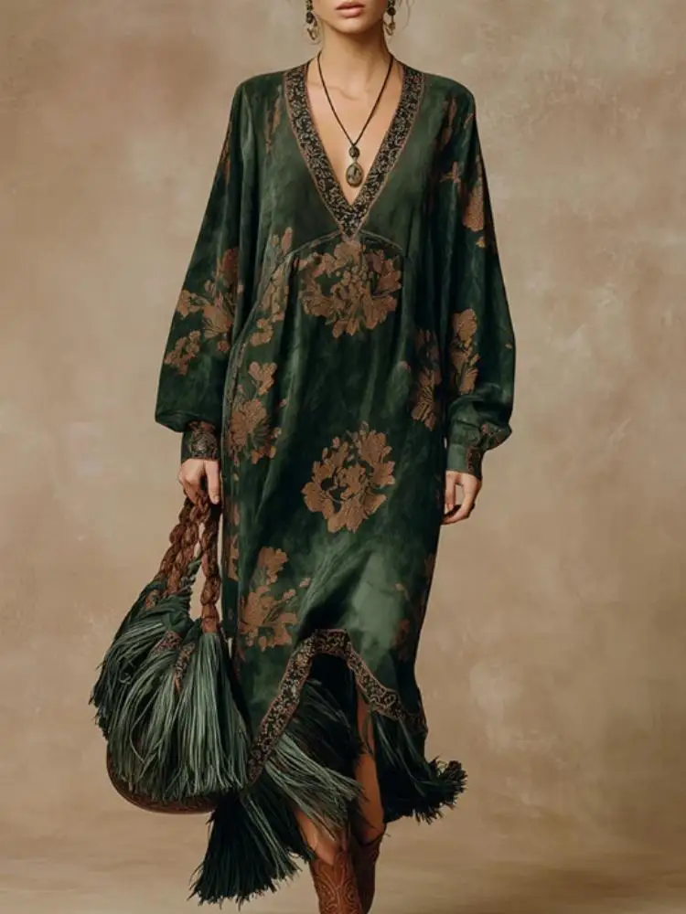 Elegante dames suède jurk met franjes, wijde v-hals, lange mouwen, boho, hoge taille, bloemenprint, avondfeest maxi-jurken - afbeelding 2