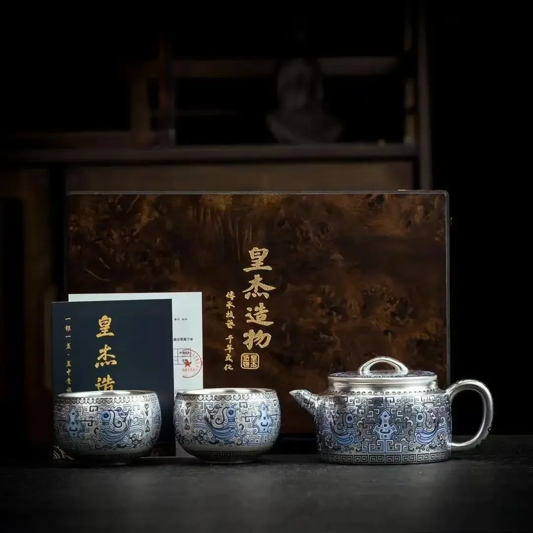Handmade Chinese Style Silver Tea Set Set One Pot Two Cups Gift Box Exquisite Teapot Teacup Kung Fu Tea Set Trend Teaware Teapot
