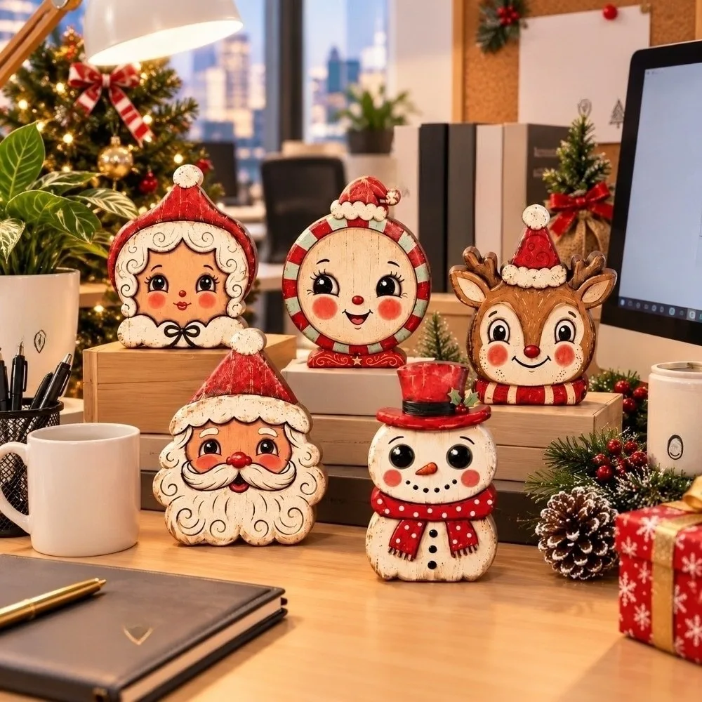 Cartoon Print Wooden Christmas Ornaments Snowman Reindeer Xmas Desktop Ornaments 2D Flat Christmas Decoration Table
