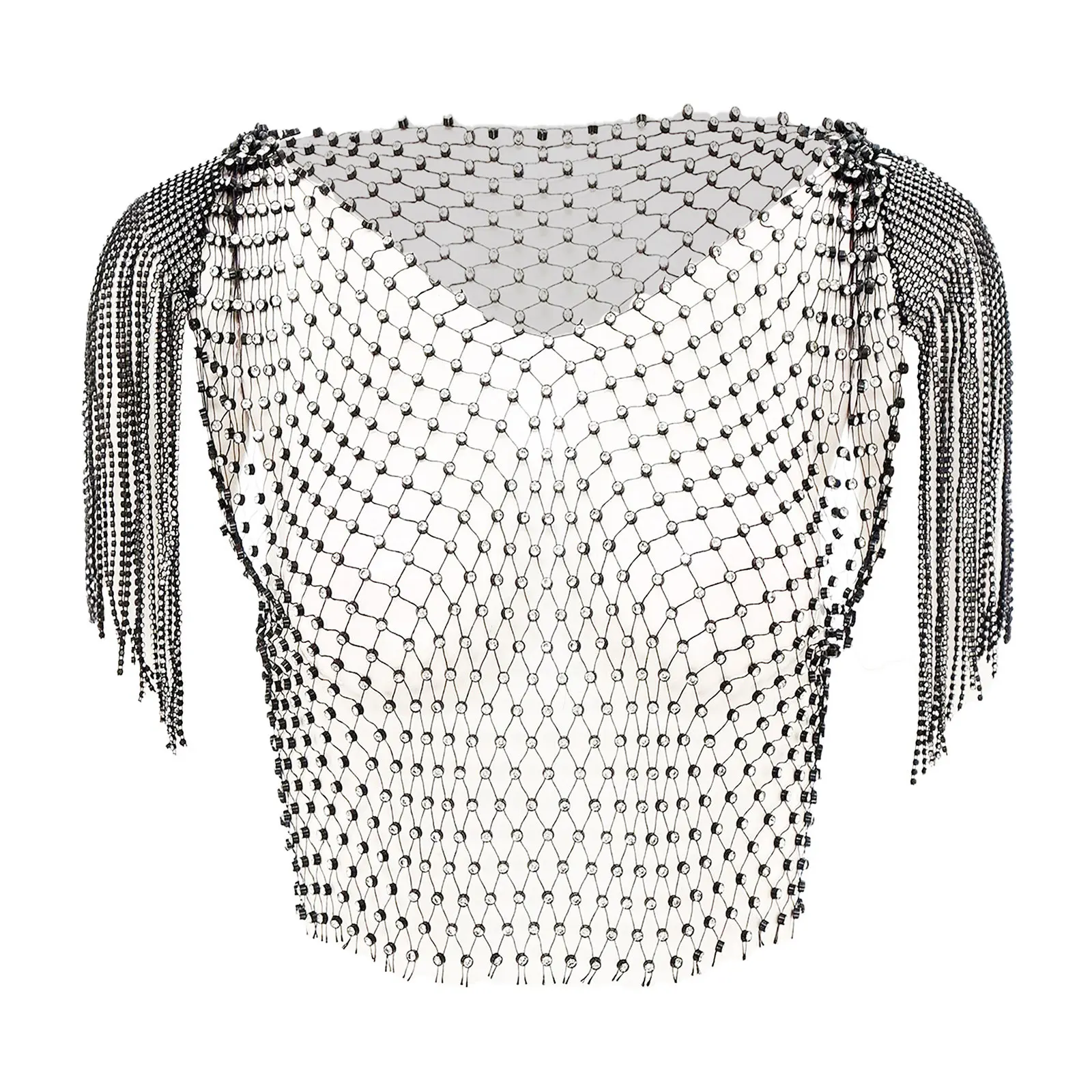 

Women Shiny Rhinestone Cover Up Top Hollow Out Tassels Mesh Crop Top Beach Exclusive Nightclub Fashion Cover Up Top Clothing