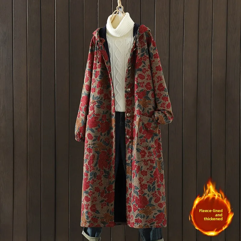 Jaqueta de aodão de lã espada retrô longo solto cobrindo a barriga impro casaco com capuz outono inverno novo estilo ...