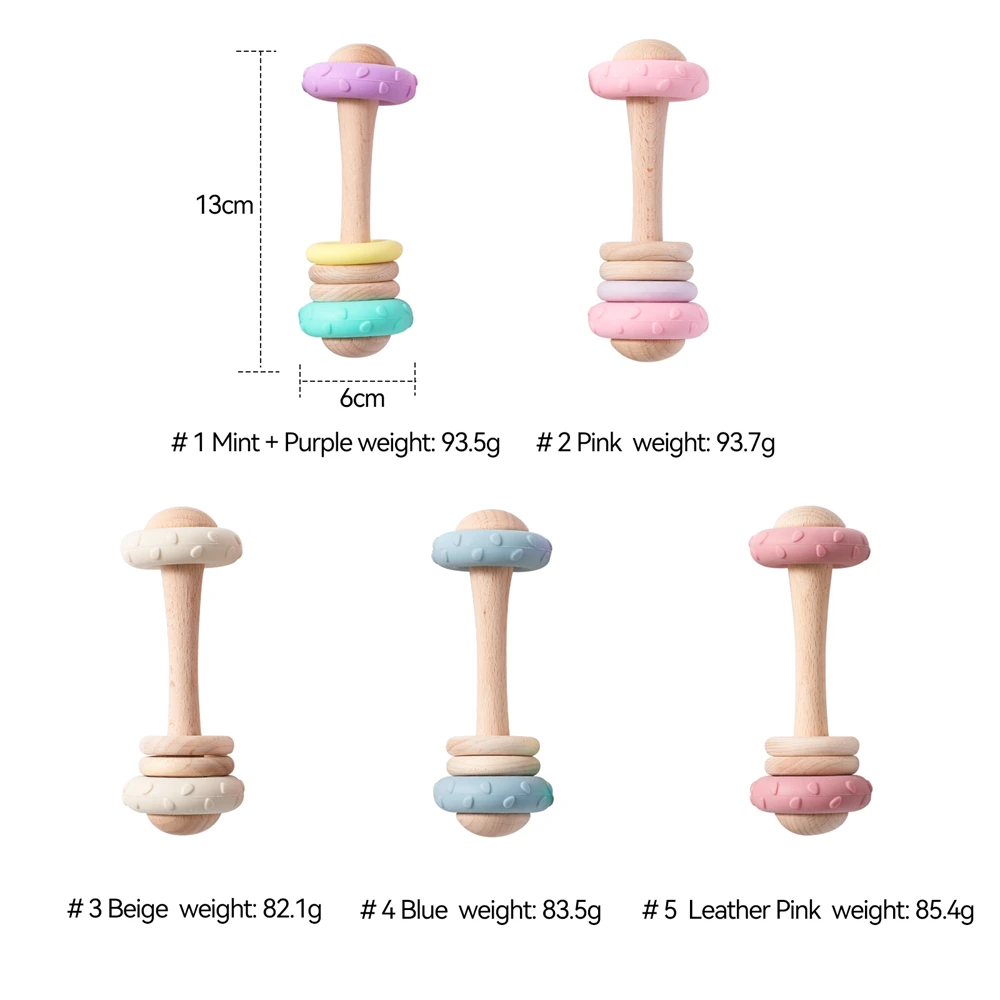 1Pc Baby Wooden Teether Toys BPA Free Silicone Ring Handle Music Rattle Teething for Baby Toys Montessori Toys For Kids Gift