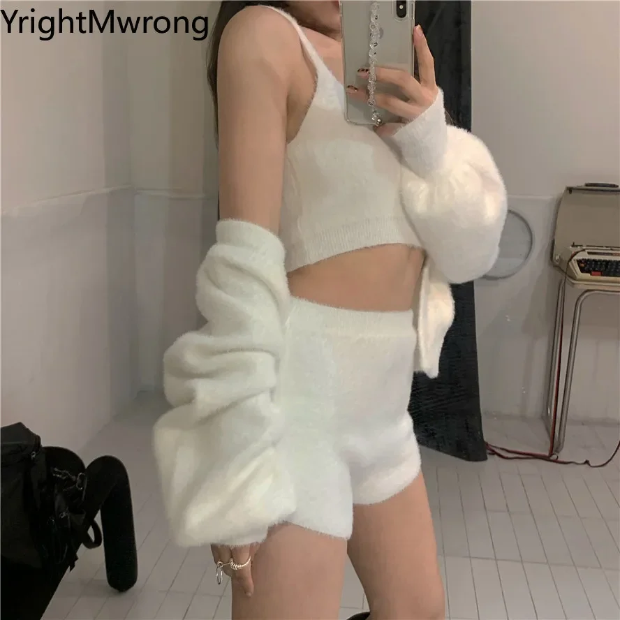 3 Piece Set Outfit + Strap Camis + Short Hotpant Women Suit Sexy Furry Sweater White Knit Jumper Button Coat Bodycon Fall Street