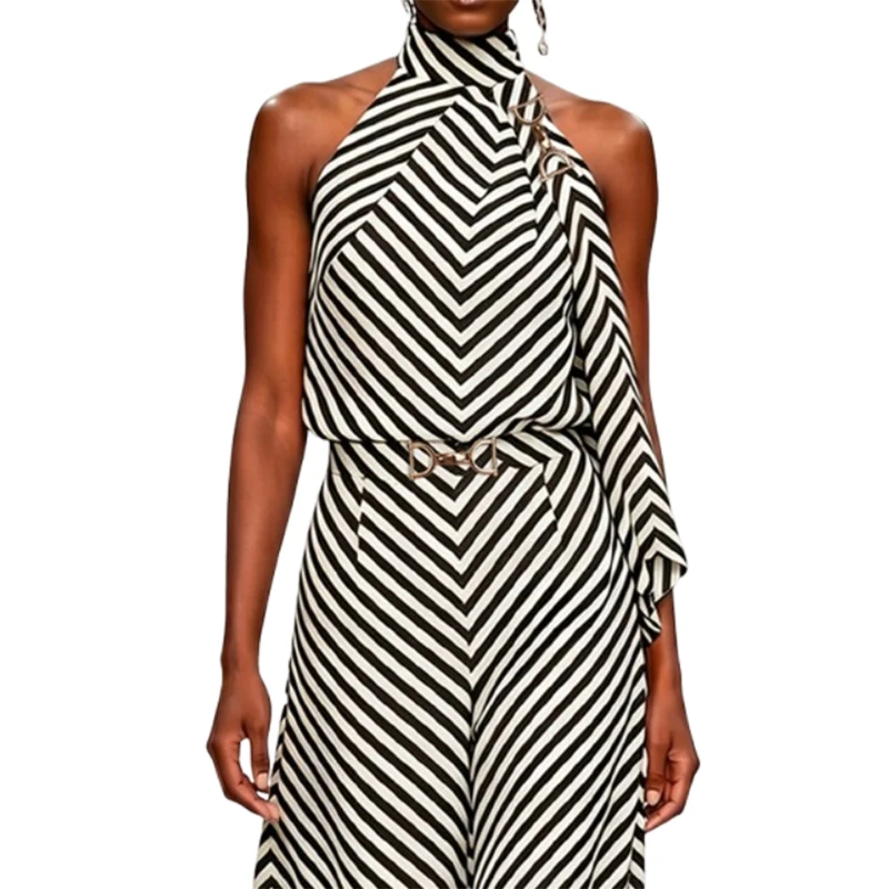 Yeezzi Women's Trendy Black White Striped Metal Ring Halter-Neck Tank Tops 2026 New Office Ladies Casual Commute Fashion Blouses