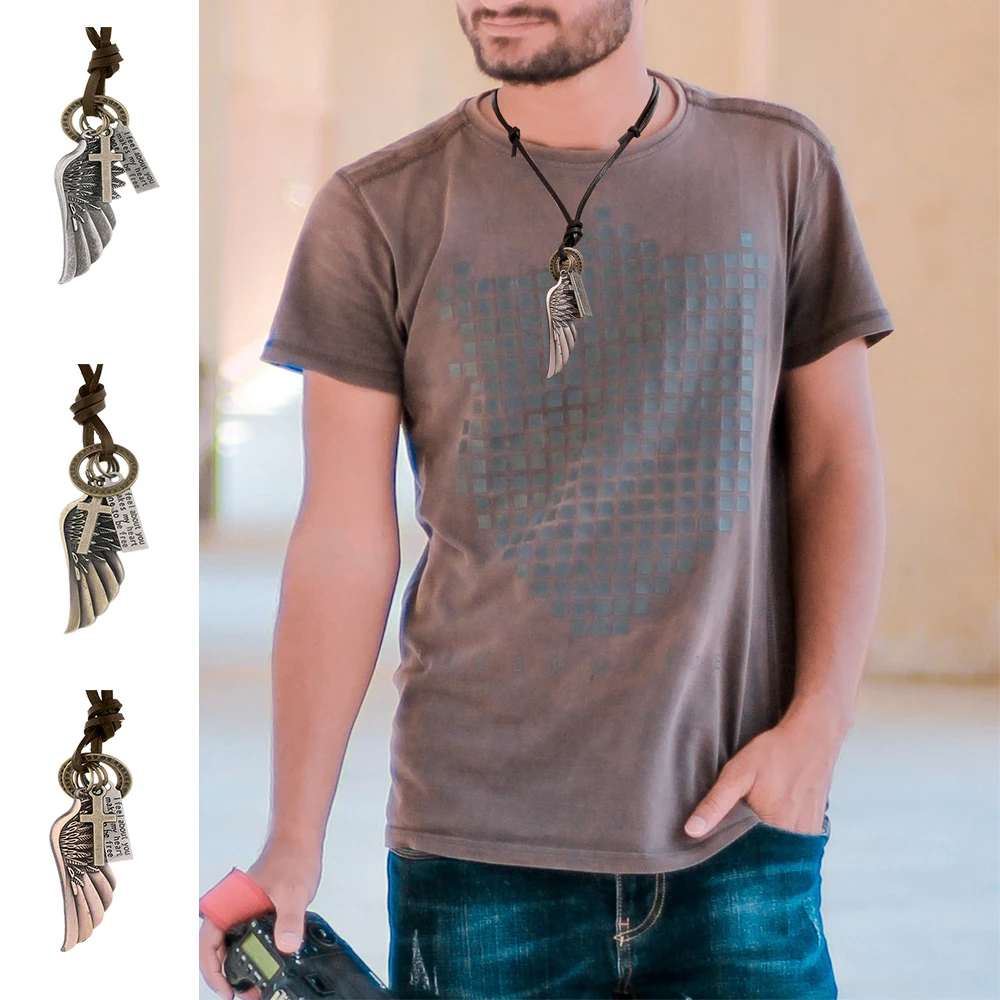 Vintage Angel Wings Necklace Cross Pendants Brown Leather Cord Neck Chain for Women Men Fashion Punk Jewelry
