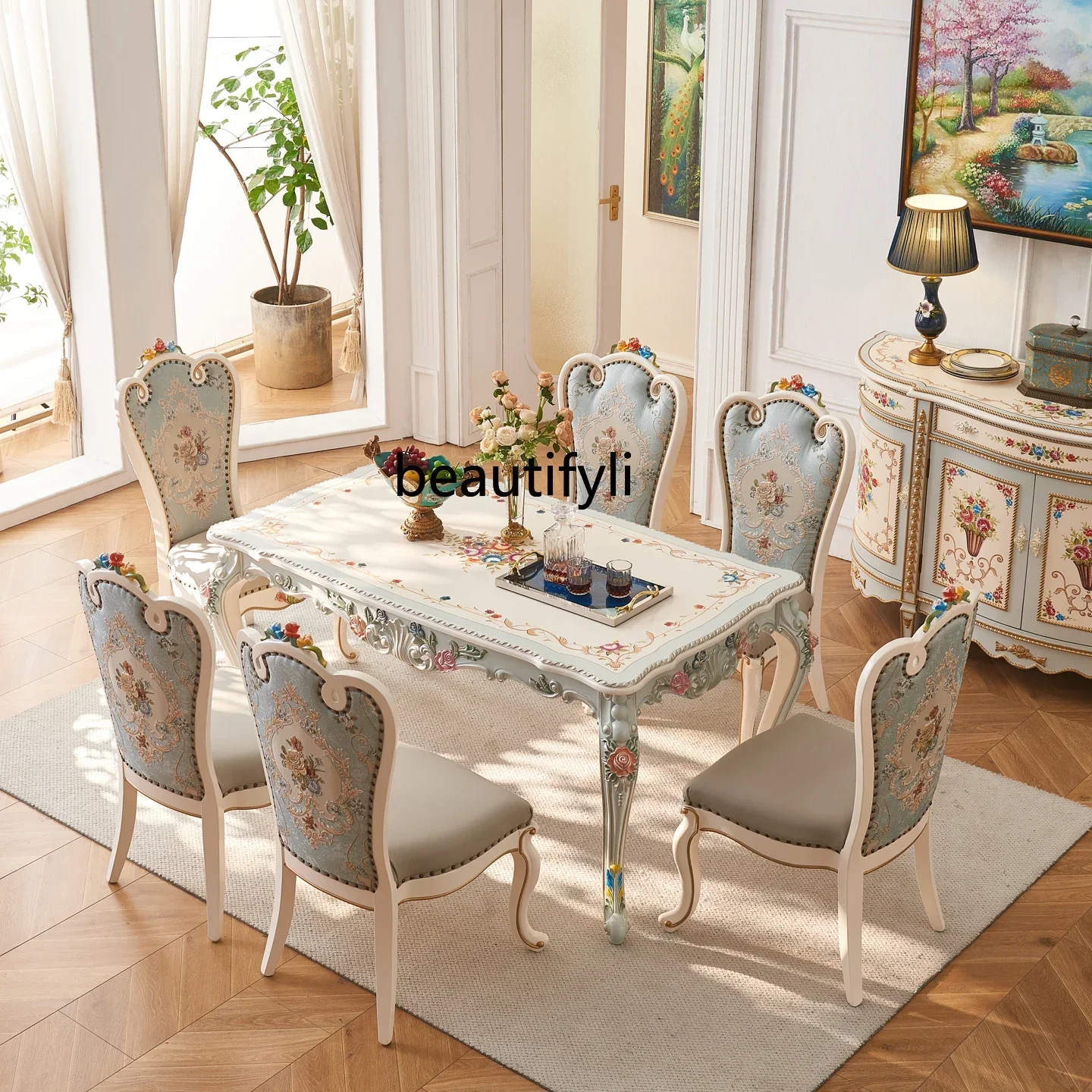 

Rectangle Painted Rose French Home Restaurant Dining Table Dining Table Chair Set
