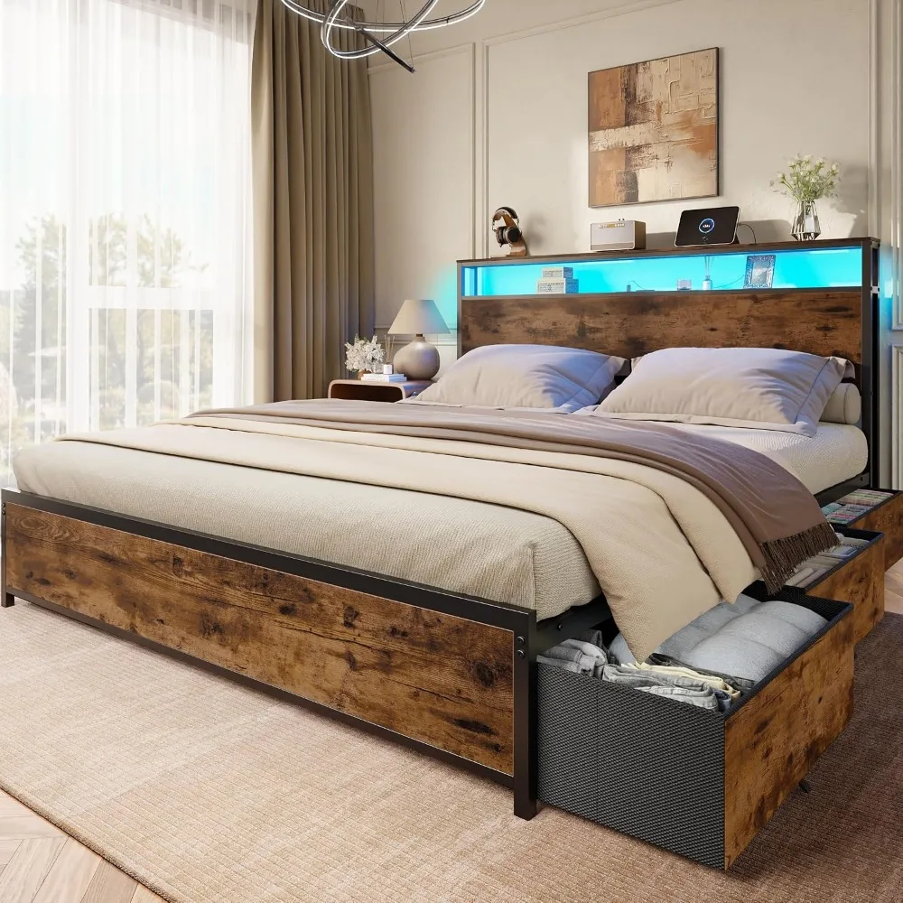 Queen Bed Frame with 2-Tier Storage Headboard & 6 Drawers | Platform Bed with Heavy Duty Slat Support, Charging Station & LED