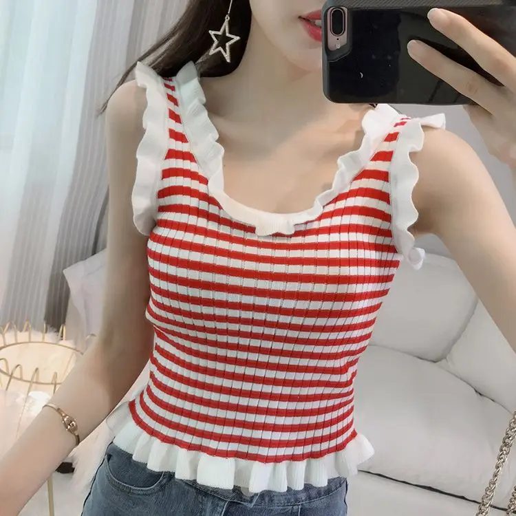 Summer 2023 New Sweet Fresh Striped Fungus Sleeves Bottom Camisole Female Outerwear Knitwear Student Tank Top Crop Tops