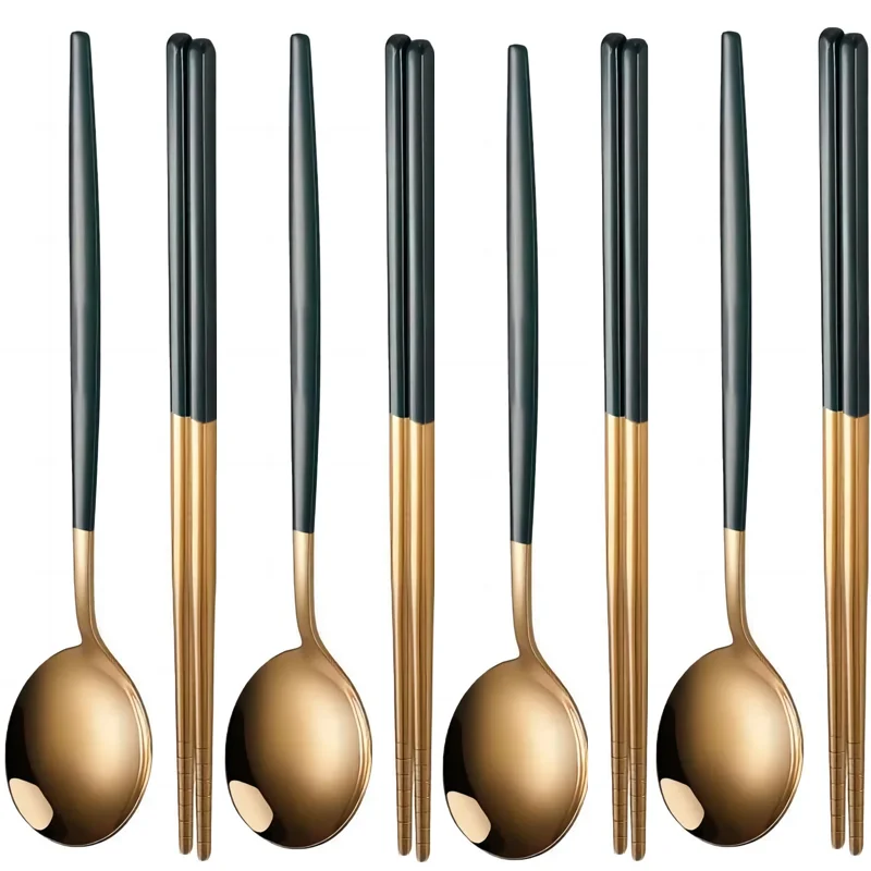 Juego de 4 cubiertos de oro negro para el hogar, palillos, cuchara, vajilla de acero inoxidable de oro verde, juego de vajilla de lujo