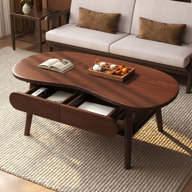 *Light Luxury Minimalist Small Apartment Coffee Table Double Layer Drawer Pure Solid Wood Durable Eco-Friendly Living Room Use