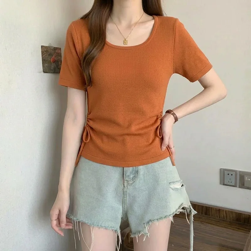 

New Women Summer Plus Size T-shirt Fashion Square Collar Short Sleeve Drawstring Daily T-shirt Casual Simplicity Loose T-shirt