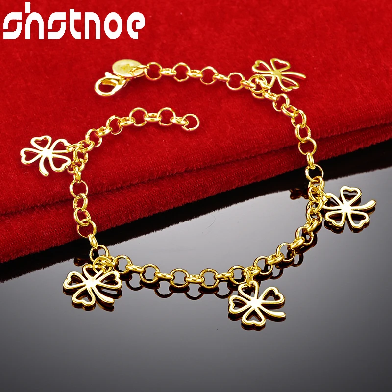 SHSTONE 18K Gold Small Four Leaf Clover/Lucky Grass Chain Bracelet For Woman Fashion Jewelry Engagement Bangles Birthday Gift