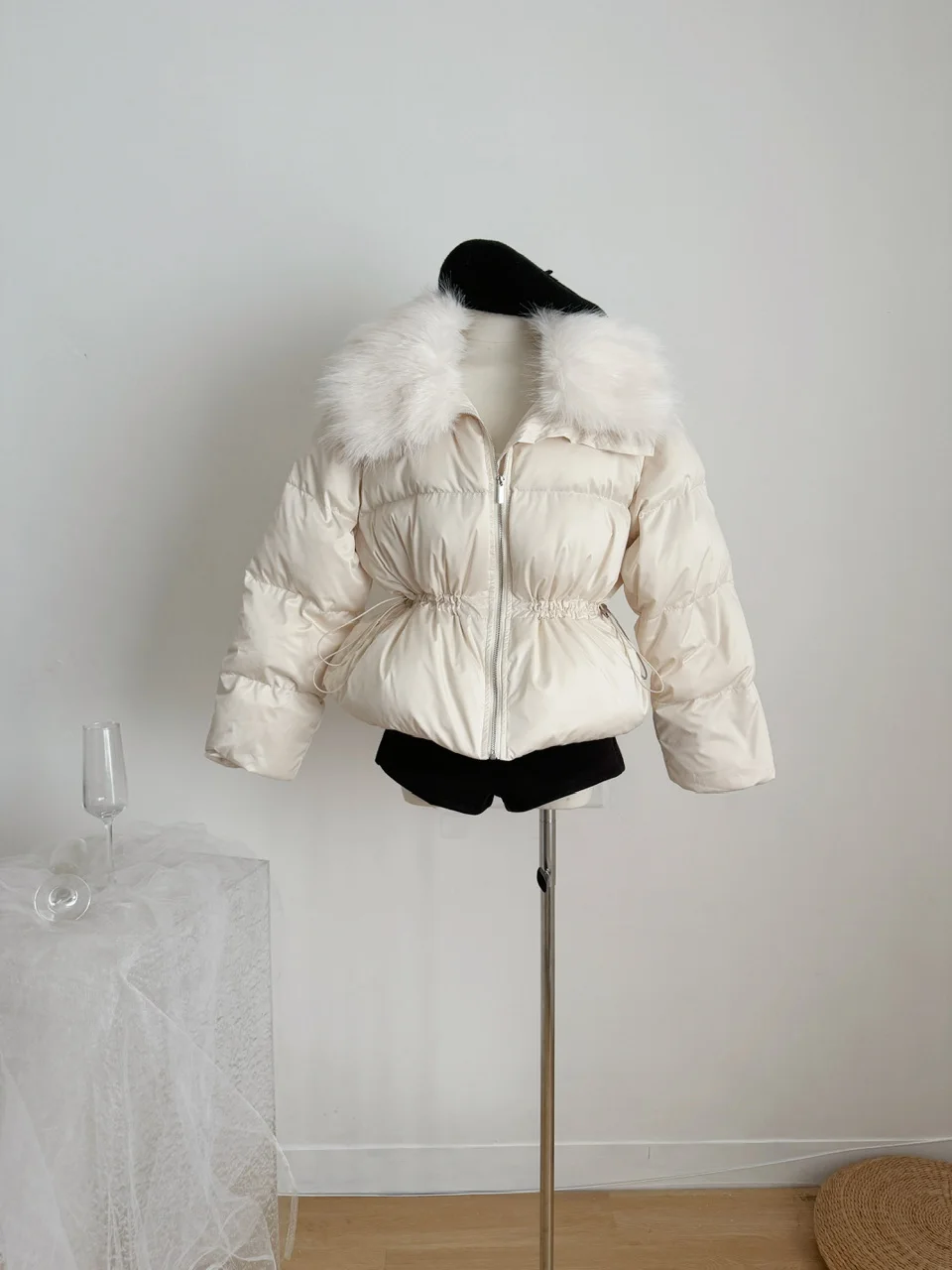 Dames herfst winter elegante nepbontkraag witte eend donsjack dame dikke warme lange mouwen trekkoord taille dons uitloper