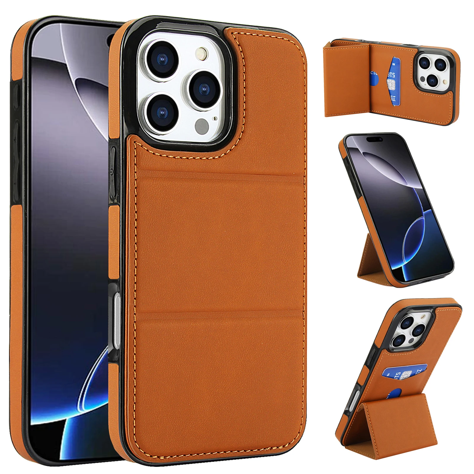 Vertical Kickstand Cards Solt Wallet Leather Case For iPhone 16 Pro Max 15 Plus 14 13 12 11 Xs MAX Se Triple Fold Stand Cover