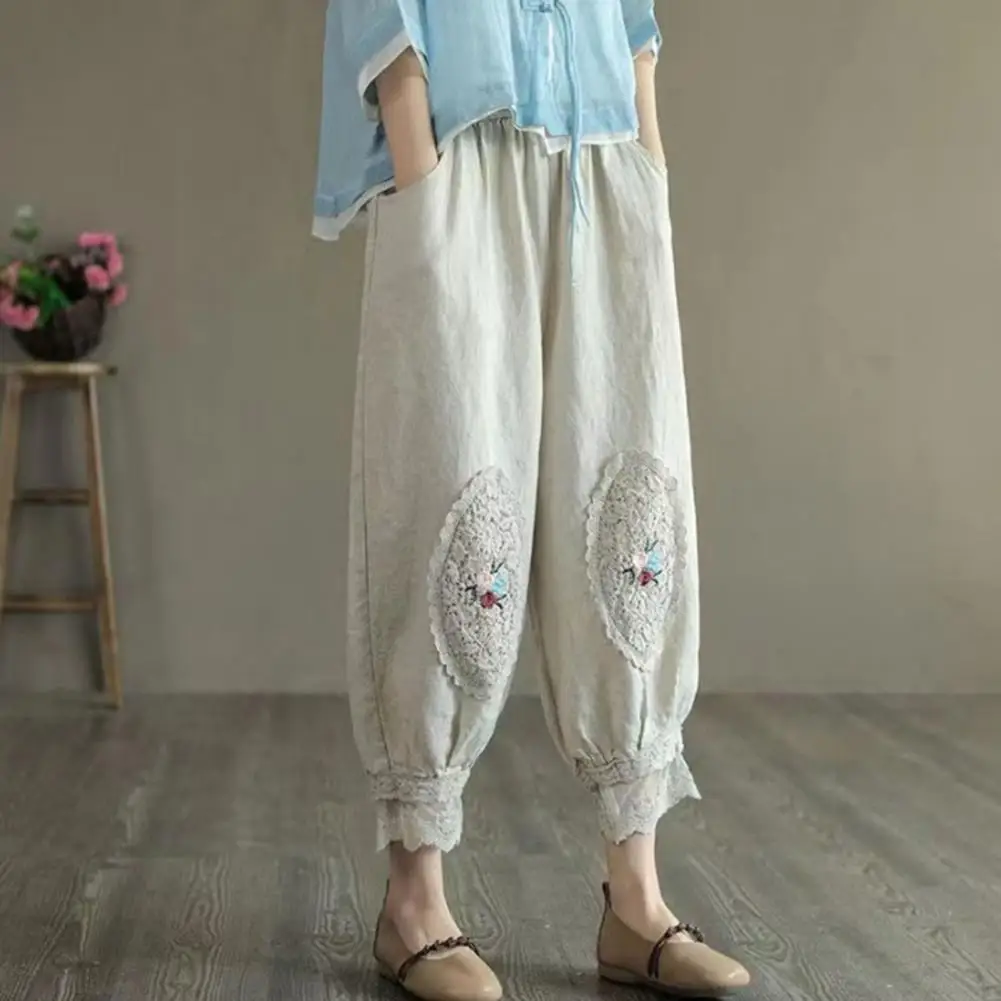 

Folk Elegant Solid Color Embroidery Bloomers Pants Summer Women's Clothing Casual Vintage Loose Elastic Waist Cropped Pants