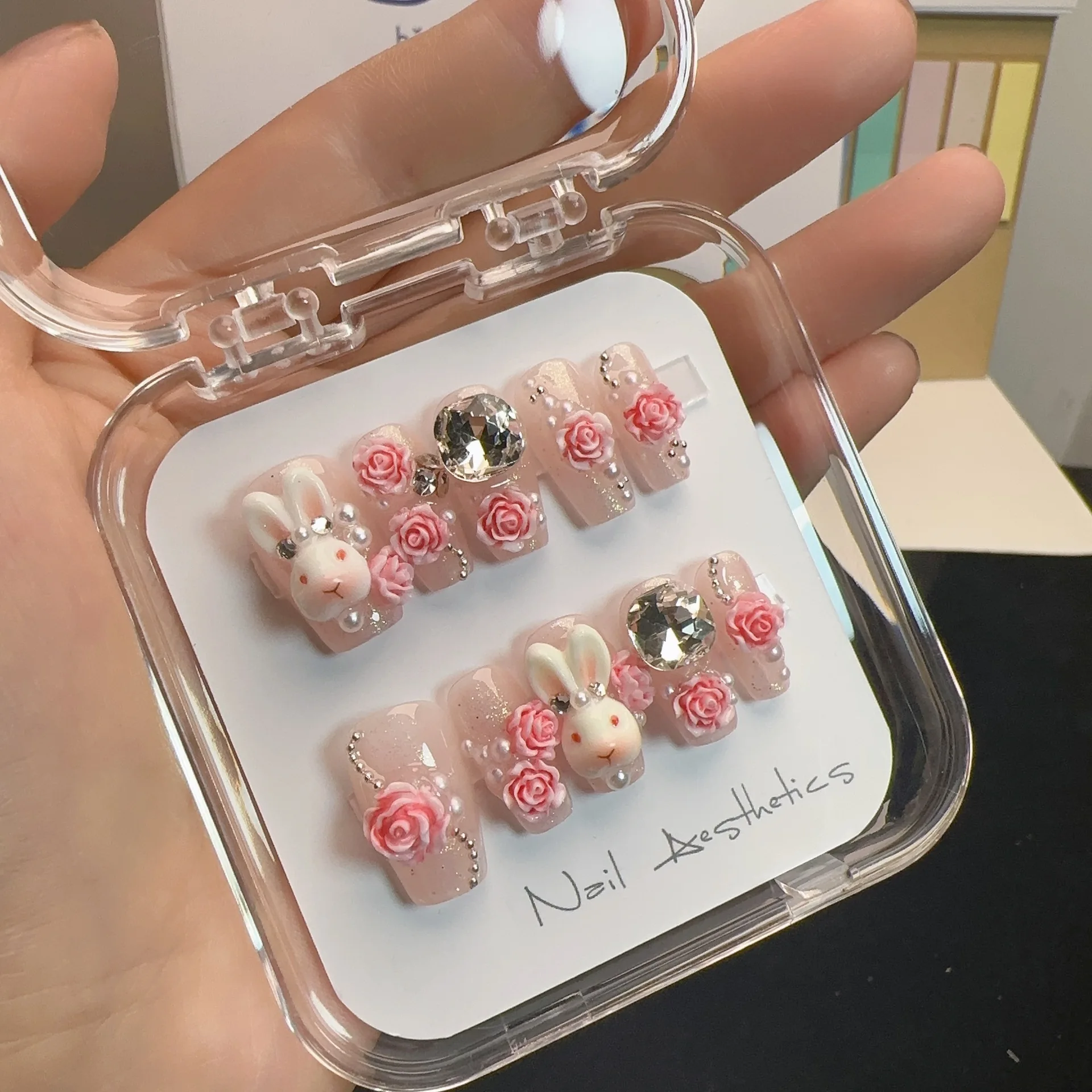 S136 pure Hand-made high quality  lovely rabbit rose shining rhinstone  fales nails removable long-lasting Finger nails