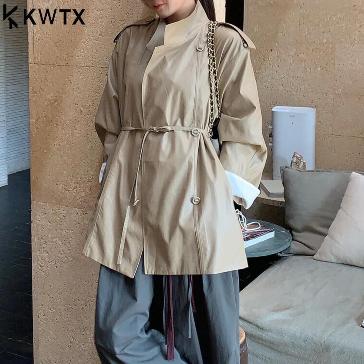 

KWTX 2025 Women’s Casual Premium Trench Coat Solid Color Stand Collar Belted Waist Mid Length New Arrival Autumn Winter Fashion