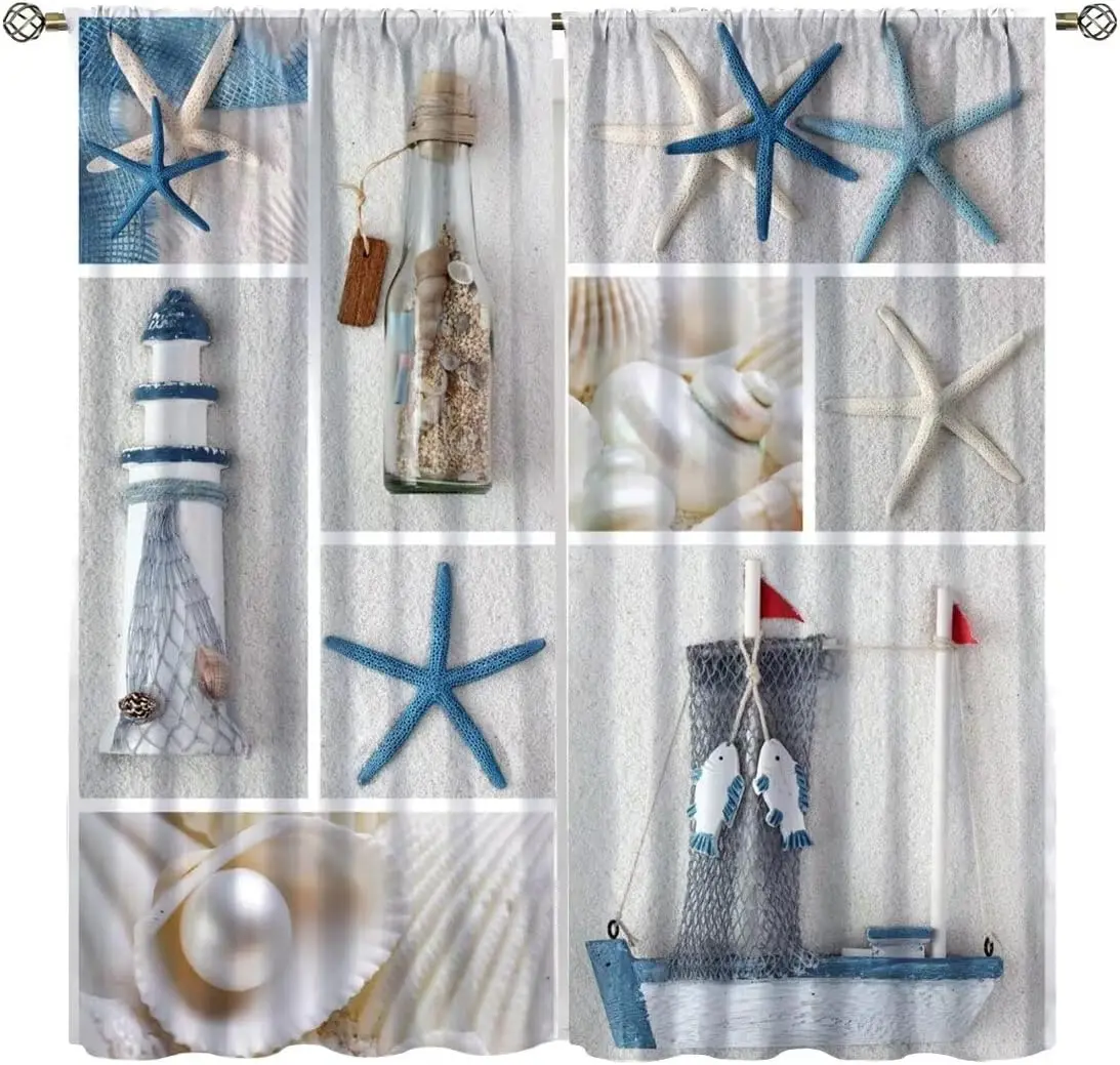 Ocean Starfish Curtains,Nautical Tropical Beach Seashell Window Treatments for Bedroom Living Room Kitchen Café Summer Theme Sea