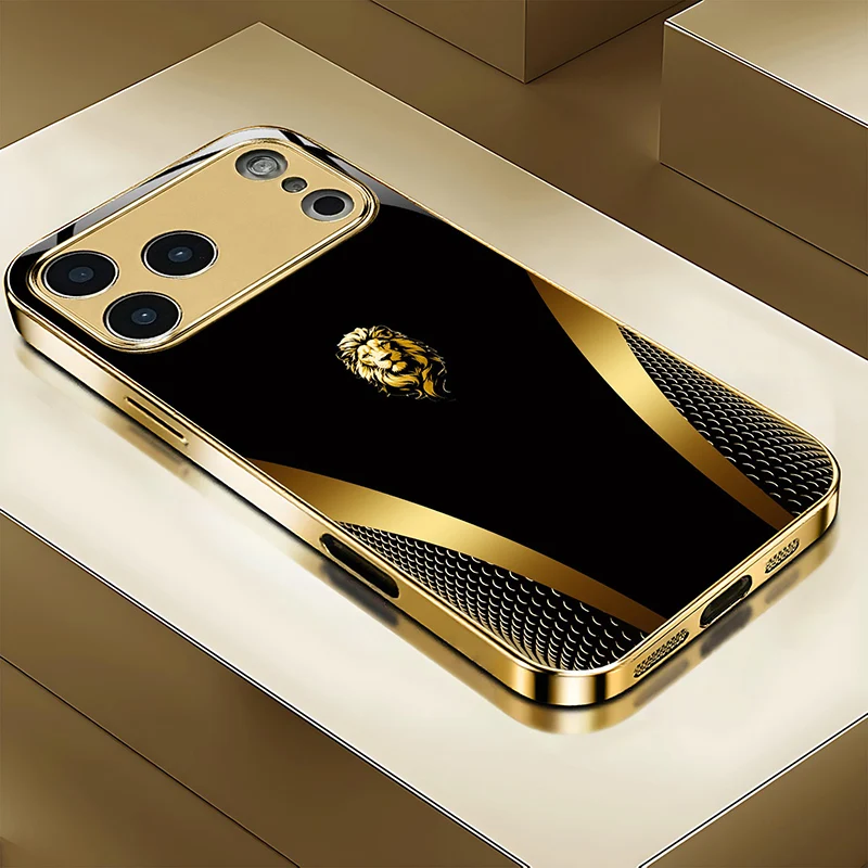 Funda de Teléfono con Diseño de León Dorado Metálico para iPhone 11 12 13 14 15 16 17 Pro Max 14 Plus 17Air 16E