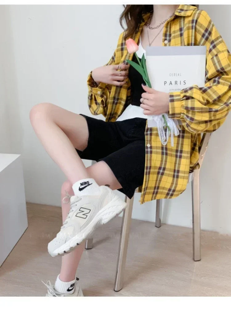 Fashion Plaid Button Up Shirts Women Spring New Oversize Long Sleeve Tops Female Harajuku Daily All-match Chic Yellow Blouse Y2k