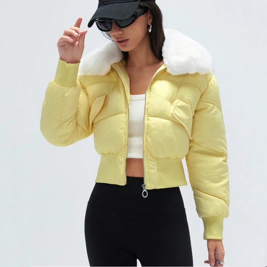 

Fashion Women Cotton Padded Short Jacket Removable Fur Collar Zipper Cropped Coat Warm Y2K Winter Outerwear Quilted Jacket