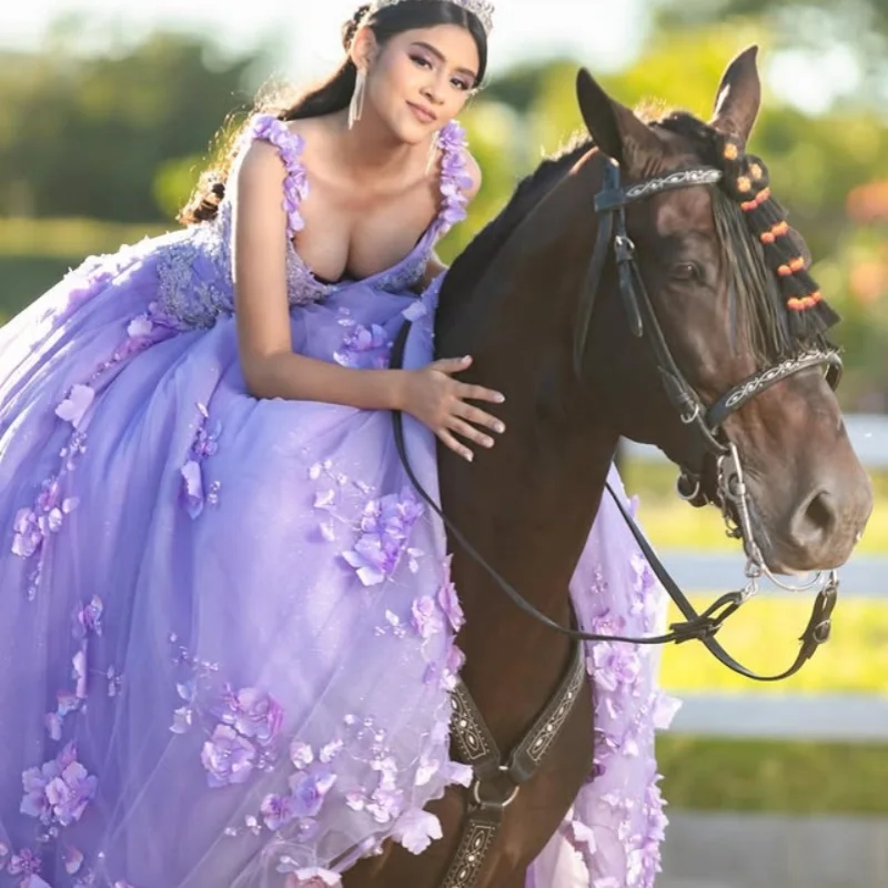 

Purple Quinceanera Dresses Off the Shoulder Glitter Decal Tull Long tail 3D Flower Vestido 15 Quinceanera Customize