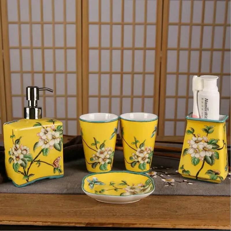 Yellow Beatiful Hand Paint Collectible Home Decoration Porcelain Tooth Mug Soap Dish Dispenser Bathroom Set