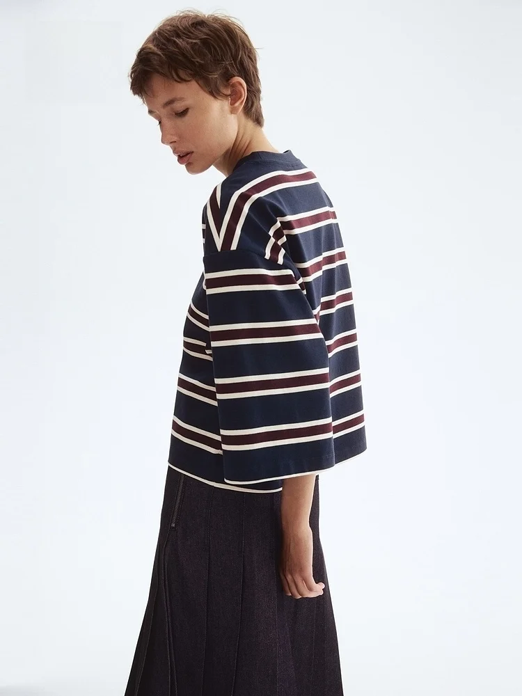 

Женская хлопковая футболка H&M, повседневная свободная посадка, длинный круглый топ, осень 2021, новинка Sle Faionable, удобный хлопок