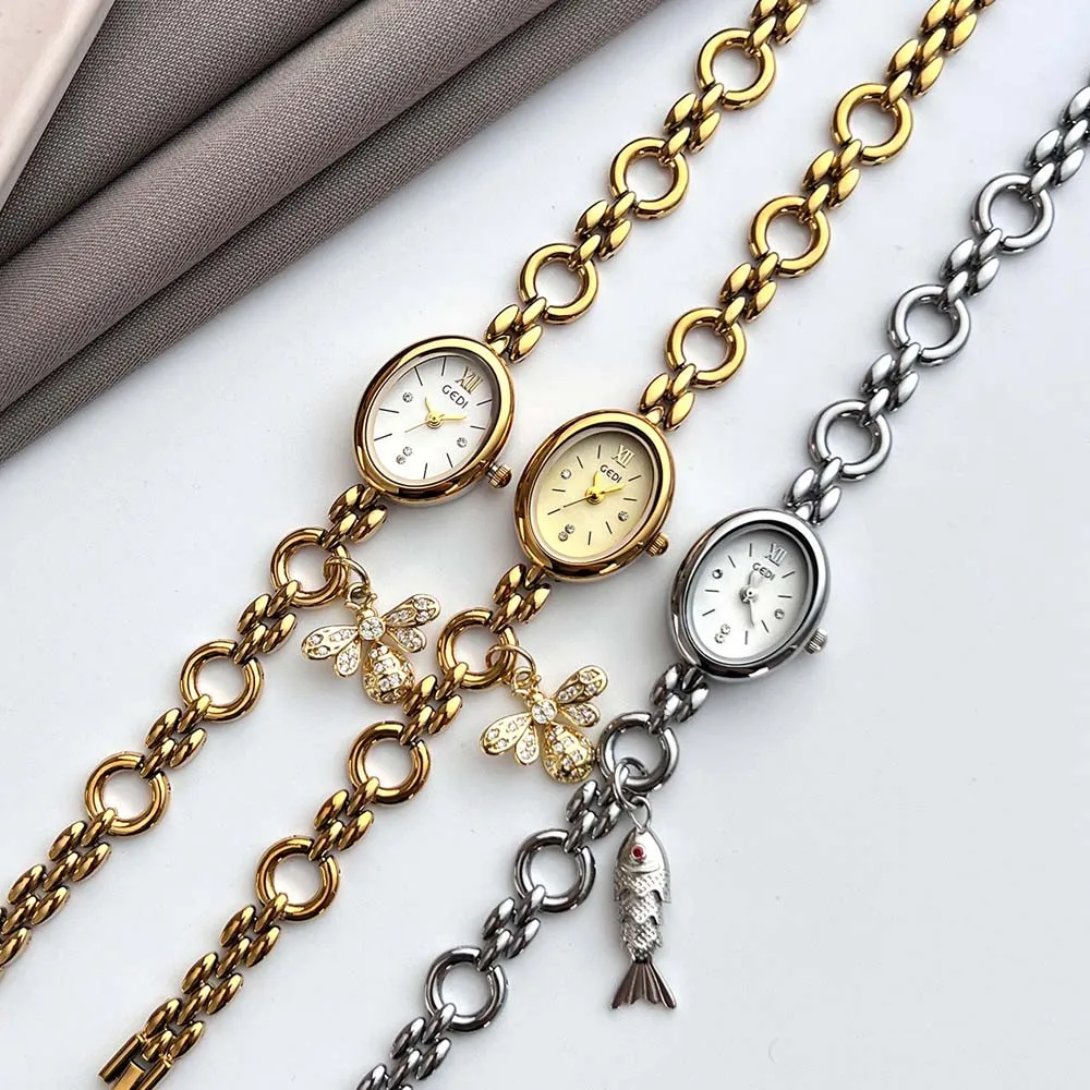 

GEDI Quartz Wristwatch for Women Oval Shape Bee or Fish Pendant Bracelet Niche Luxury Fashion Everyday Women's Quartz watch