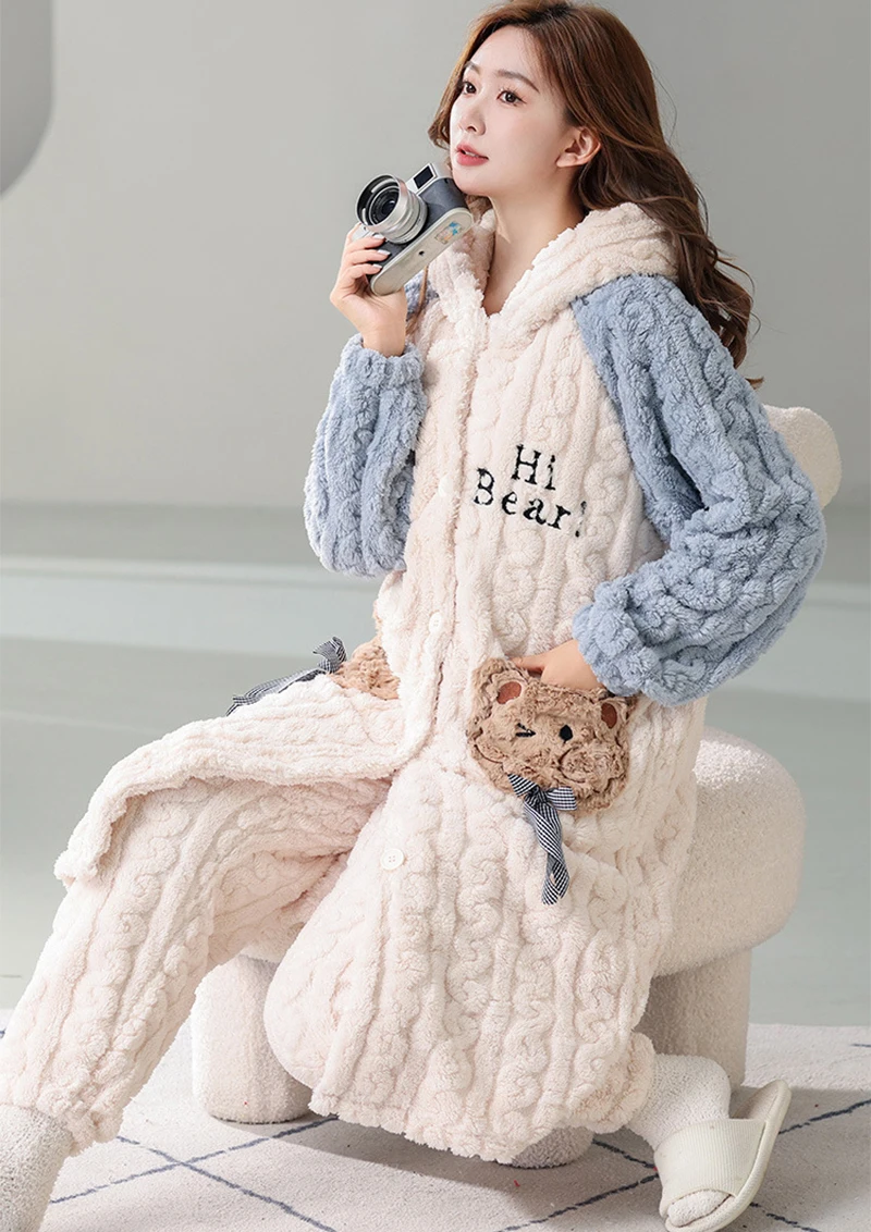 Kawaii 2Pcs Set Plush Pajamas Set Cartoon Winter Warm Hooded Long Nightgown with Pants Home Clothes Thicken Nightdress Trousers