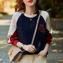 Sudaderas con empalme de Color de contraste de moda coreana para mujer, jerséis estampados de manga larga informales, Tops para mujer, Otoño e Invierno