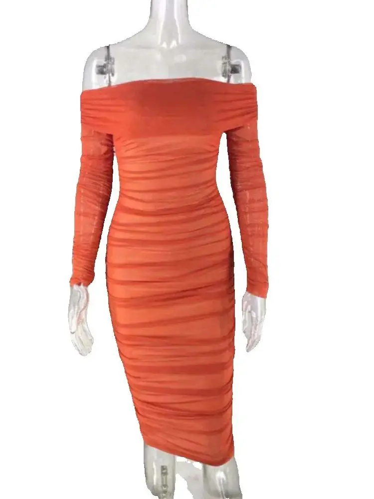 

2024 Autumn Solid Color Sexy Slim Party Long Sleeve Off Shoulder Pleated Dress
