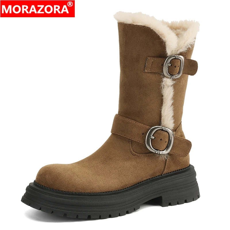 MORAZORA اليدوية الجديدة حذاء الثلج عالي الرقبة دافئ النساء سحب على مشبك منصة الشتاء الأحذية الرجعية البني الأسود حذاء من الجلد أحذية السيدات