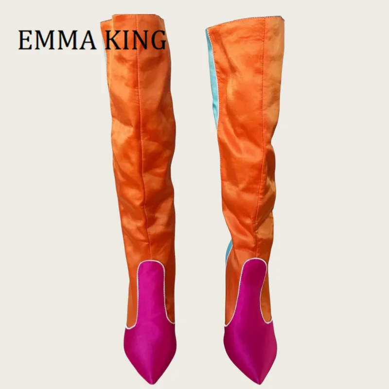 Women Mixed Colors Knee High Boots Sexy Pointy Toe Chunky Heeled Boots Blue Orange Pink Satin Wide Calf Boots Big Large Size 44